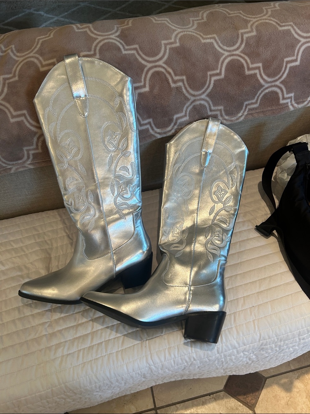 Metallic Silver Western Knee-High Boots